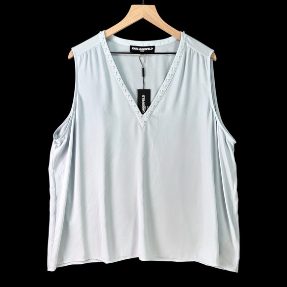 KARL LAGERFELD Light Blue V-Neck Pearl Detail Sleeveless Blue Tank Top Blouse 2X - Picture 1 of 12